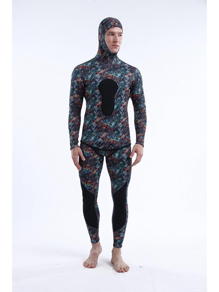 3mm Camouflage Two-Piece Wetsuit with Hood for Diving, Spearfishing, Freediving, and Snorkeling