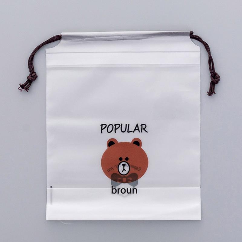 Portable Cartoon Brown Bear Printing Drawstring Bag for Travel Jewelry Earphone Cosmetic Storage