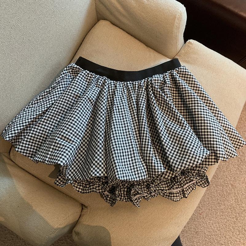 

A Line Skirt Female Summer Tulle Short Skirt With High Waist For Casual Wear Checkered,M