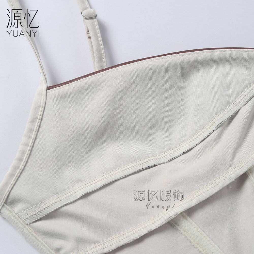 Women Khaki Contrast Pu Leather Panel Spaghetti Strap Boned Corset Top