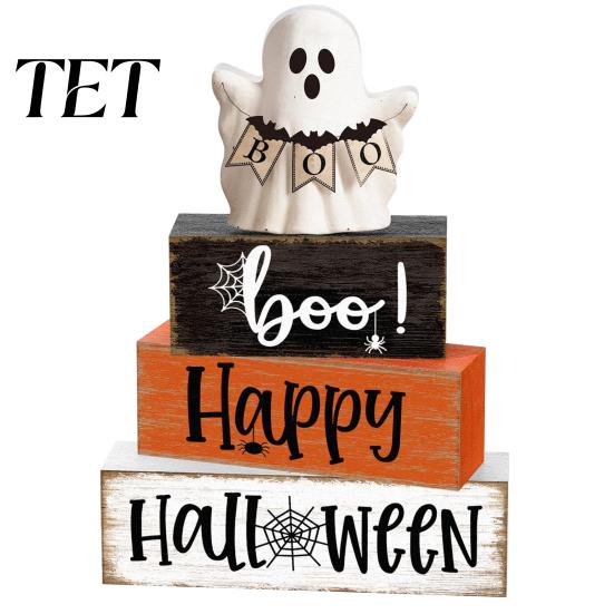 Decorative Seasonal Gifts Halloween Ghost Decoration, Wooden Sign Tiered Tray Ornament, Farmhouse Flexible Layered Wood Blocks Tabletop Centerpiece