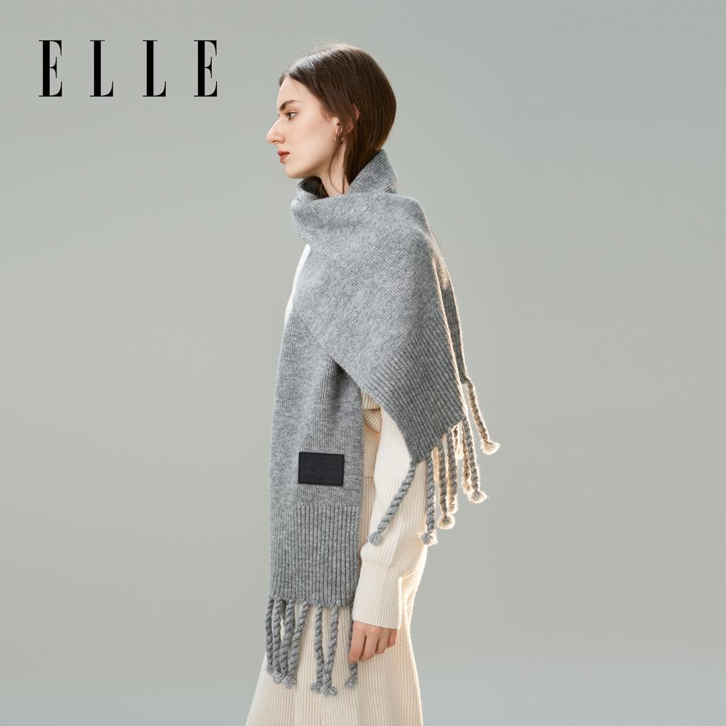 ELLE Knitted Scarf Women's Autumn and Winter Outdoor Warm and Fashionable Large Tassel Versatile Thick Woolen Neck New Style