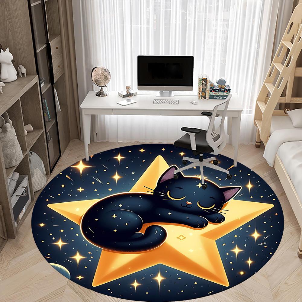 1pc Starry Night Cat Office Round Area Rug, Under Office Chairs Bedroom Living Room Home Decor, Room Deco