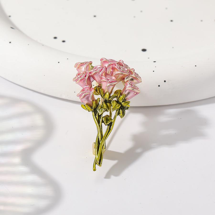 3D Pink Rose Bouquet Brooch: Fresh Pastoral Enamel Corsage for Women