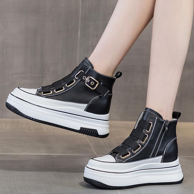 

Модные Новые 10см Натуральная Кожа 2025 Платформа Клин Полусапожки До Щиколотки Нескользящий Скрытый Каблук Новая Женская Обувь Слипоны Осень Весна 40 чёрный