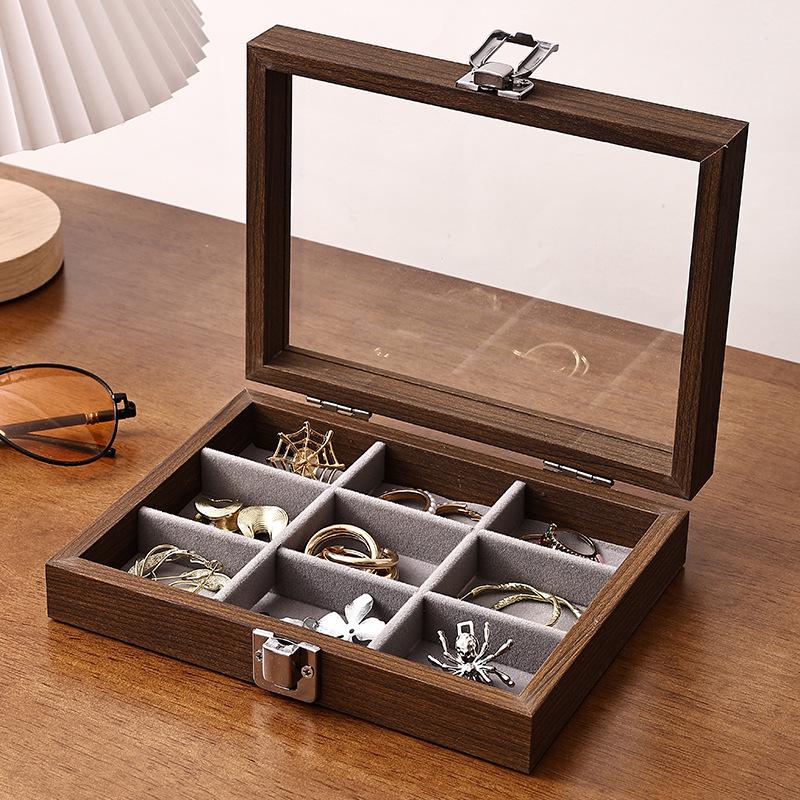 Compact Walnut Jewelry Box for Earrings, Rings, Necklaces, and Bracelets - with Lid and Display Case