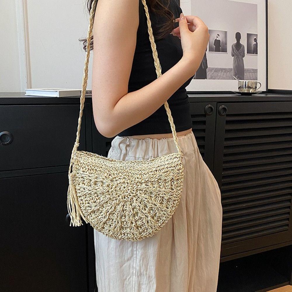 

Boho Straw Weave Bag Half-round Women s Crossbody Bag Fashion Woven Shoulder Bag Beach хакі