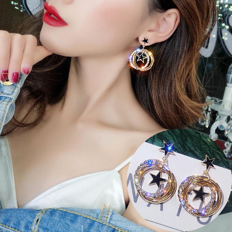 Korean Style Multi-layer Rhinestone Star Circle Stud Earrings