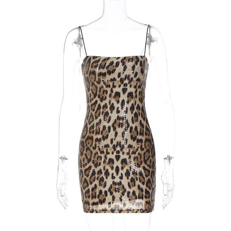 

Elsa European and American Sexy New Arrival Fashion Leopard Print Print Street Style Sexy Nightclub Easy Matching Sling Beaded Dress Leopard print S