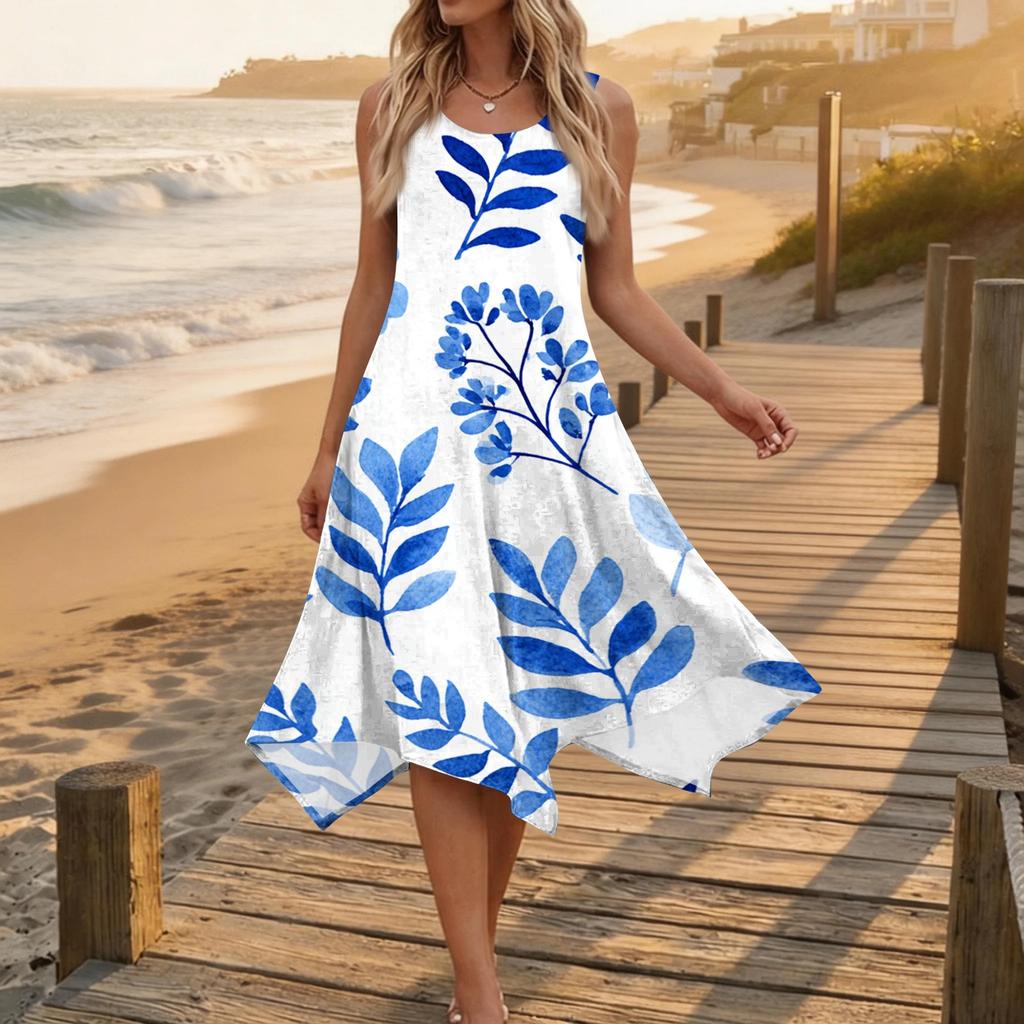 Women's Casual Sleeveless Floral Print Dress Round Neck Irregular Hem Mid-Length Dress Lightweight Summer Dress
