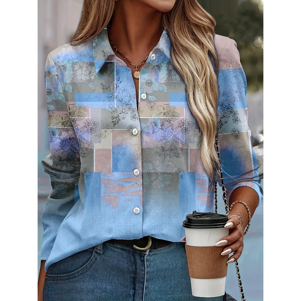 Fashion Block splicing 3D Print Women s Long Sleeve Shirts Gradient Color Loose Blouse Tops Casual Fashion Women s Clothing S