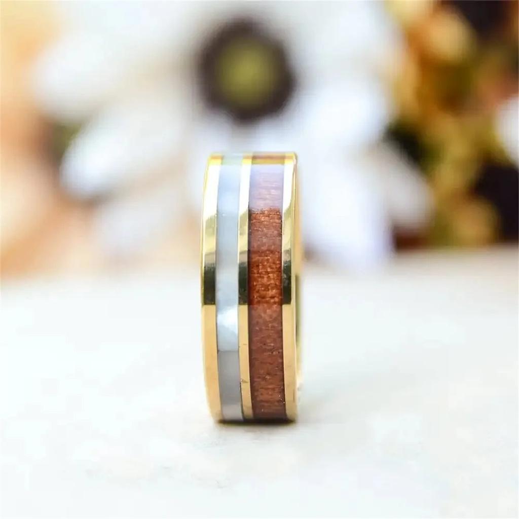 Fashion 8mm Men Gold Color Stainless Steel Abalone Shell Rings Inlay KOA Wood Rings For Men Wedding Engagement Jewelry Gifts