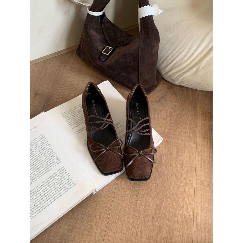 

2025 ранняя осень ретро толстый каблук не устают высокий каблук балетки ретро бант туфли Мэри Джейн 39