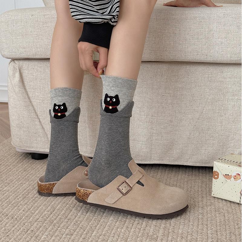 Velvet Cartoon Animal Socks for Women, Autumn Patchwork Fake Two Mid-calf Socks In Contrasting Colors, Boneless Pile Socks