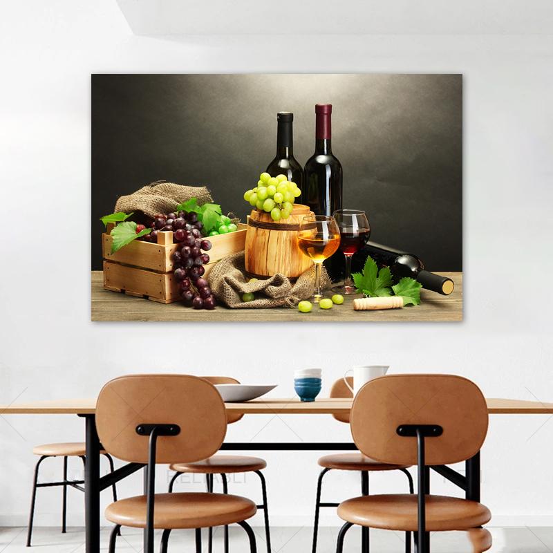 Wine Glass Bottle Posters and Prints Canvas Painting Wall Art Pictures for Dining Room Home Decor Grapes Wooden Barrel Cuadros