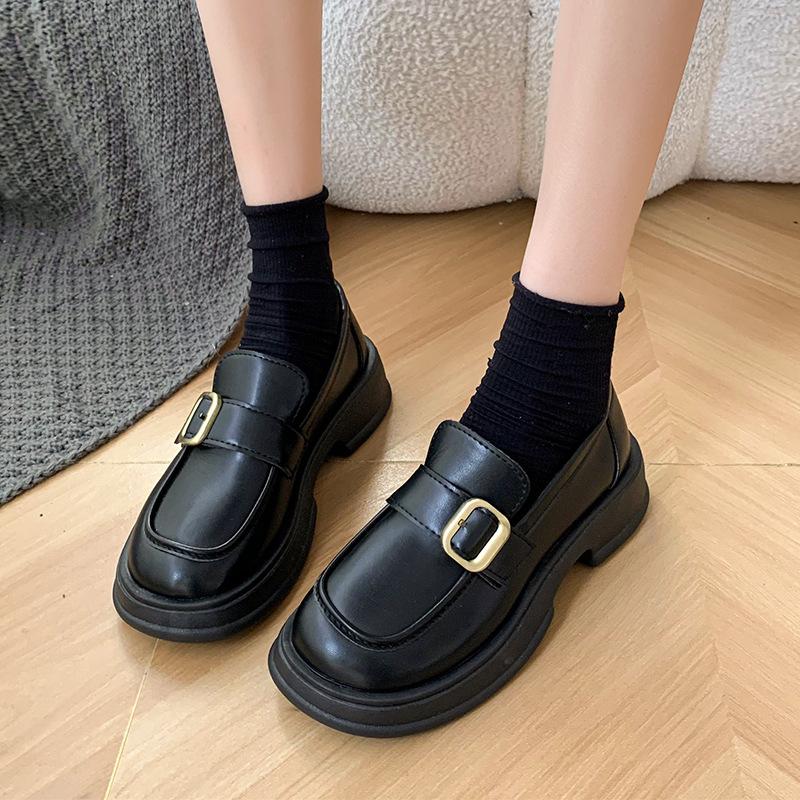 Black small leather shoes women's new thick heel thick sole non-slip belt buckle retro casual shoes