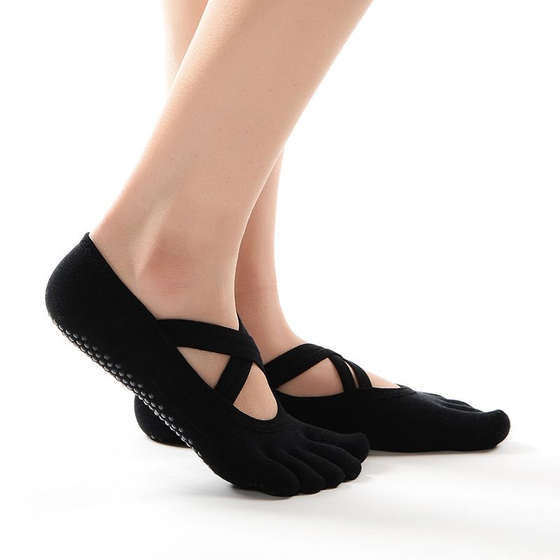 

Open Toe Full Toe Yoga Toe Socks Female Pure Color Double Cross Strap Short Socks Soft Breathable Silicone Non-Slip Floor Socks Full toe black