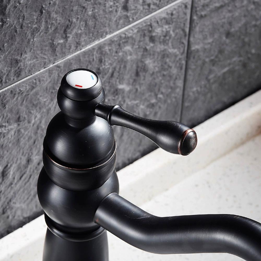 Vintage Black Single-Handle Basin Faucet with Brass & Blue-White Porcelain