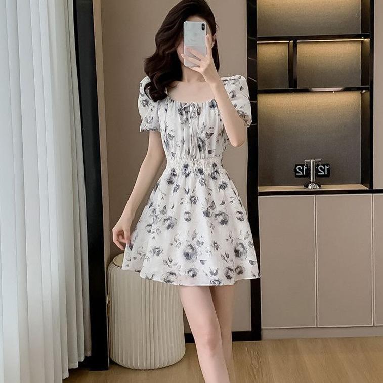 Fashion Printed Square Neck Waist Lace-Up Dress Women's Small Bubble Sleeve Folded A-Word Short Skirt Summer