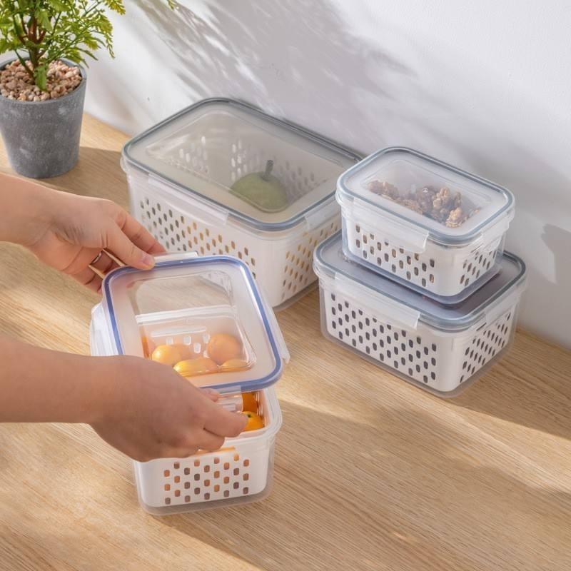 3pcs Double-Layer Drain Basket with Cover Refrigerator Fruits Vegetables Large Washing Basket Kitchen Storage Containers