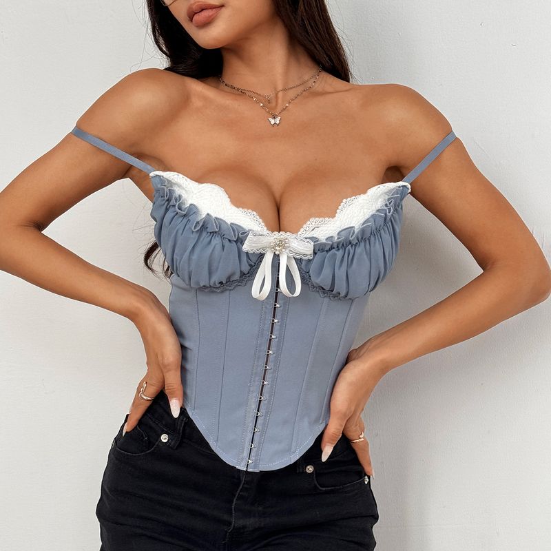 Cross-Border Sexy See-through Mesh Patchwork Lace Chest Cotton Sexy Fishbone Sling Fancy Inner Wear Blouse