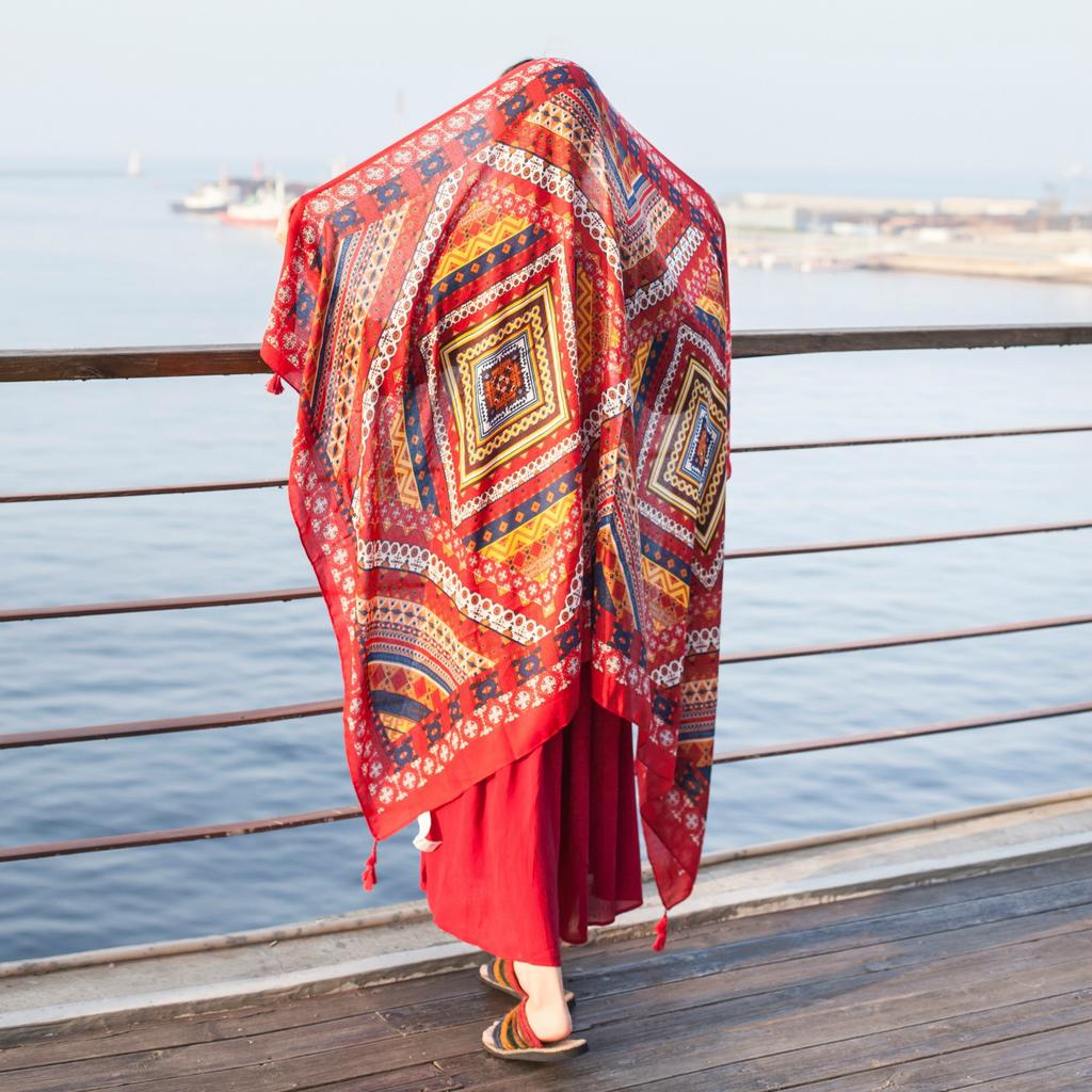Ethnic Shawl Scarf Seaside Sunscreen Beach Silk Scarf Red Big Yarn Women'S Desert Travel Ladies Po Accessories Ladies