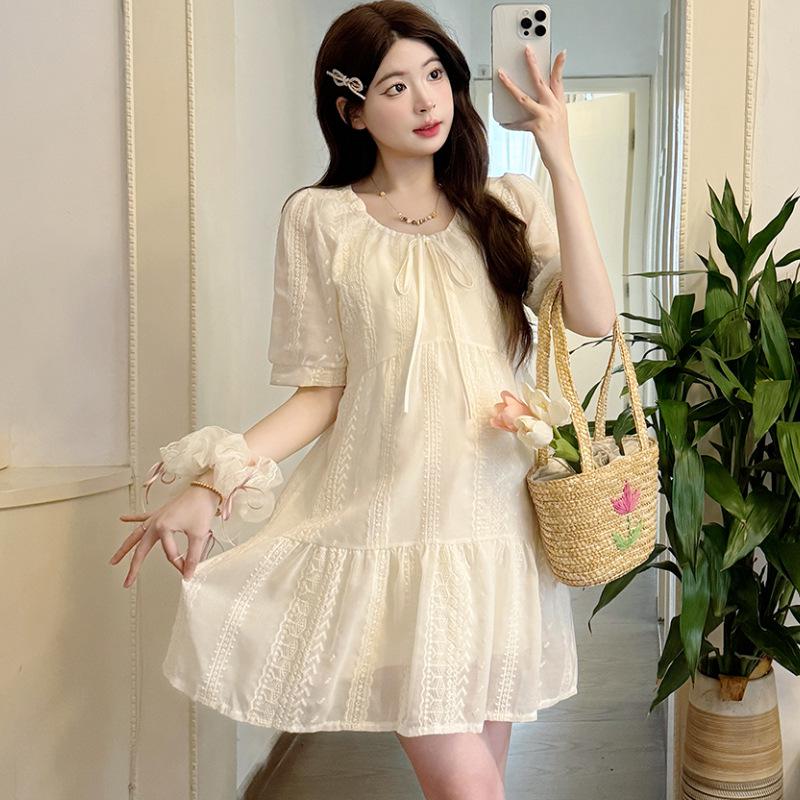 Summer Chic Lace-Up Maternity Dress – Loose, Plus Size with Tummy Support, Mid-Length Skirt Extra Large (XL)