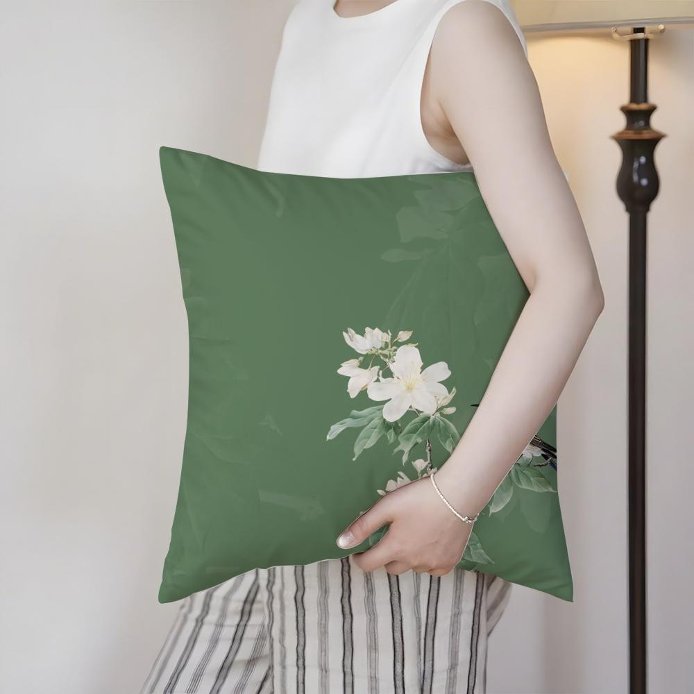 Chinese Style Simple Bird Flowers Cushion Cover Silky Elegant Comfort Sofa Bed Invisible Zipper Beach Pillowcase