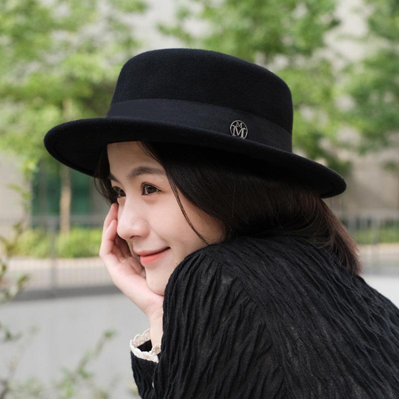 M hat women's autumn and winter versatile short-brimmed top hat woolen flat edge big head circumference hat French flat top hat men's short hair
