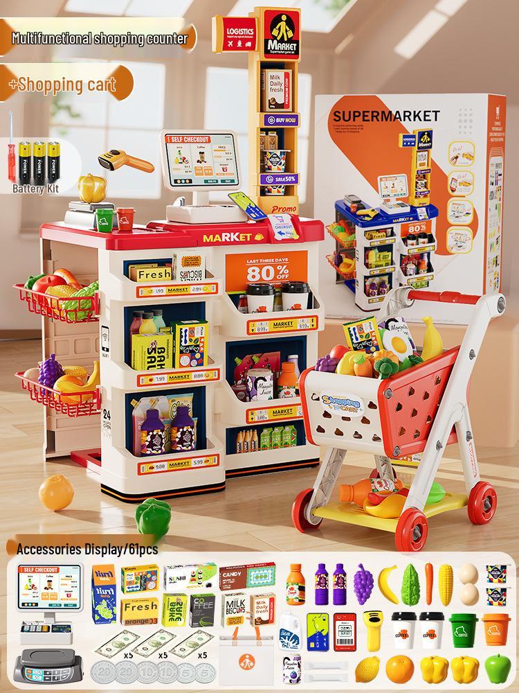 Kids' Supermarket Shopping Cart Stroller & Fruit Cutting Play Set