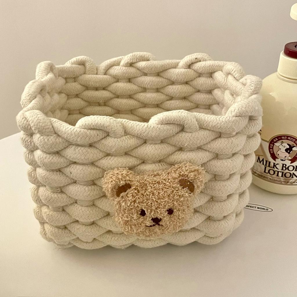 Ins Kawai Desktop Storage Basket Korean Bear Cotton Linen Woven Basket Cute Cosmetics Makeup Sundry Storage Basket Organizer Box
