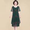Mother Midi Dress Flower Print Double Layers Irregular Hem Round Neck Short Sleeves Mid-calf Length Thin Soft Plus Size Lady Dress