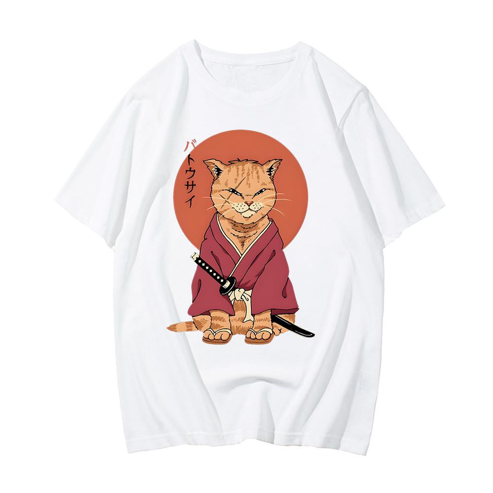 100% Cotton Tshirt Samurai Cat T Shirt Graphic Tees Mens Streetwear Spring and Summer O-neck T-shirt Cartoon Printing Tees-shirt