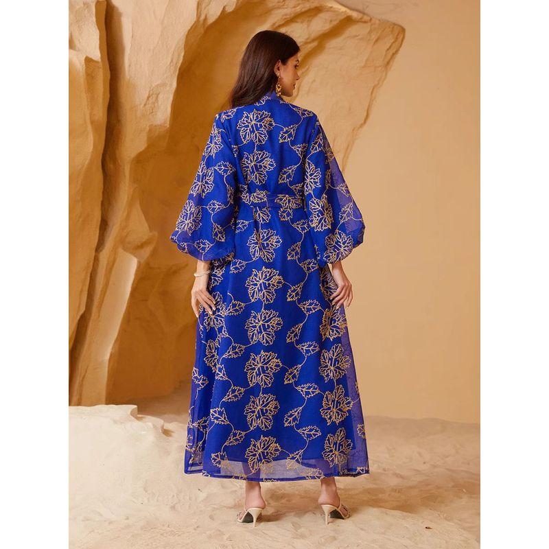 Indonesia Middle East Blue Applique Embroidered Closed Puff Sleeves Belt Dubai Robe Dress Long Dress