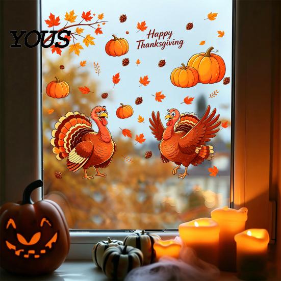 Seasonal Home Party Decorations Thanksgiving Static Window Clings, Cartoon Double Turkey Pumpkin Maple Leaf No?Glue Stickers Glass Decals,