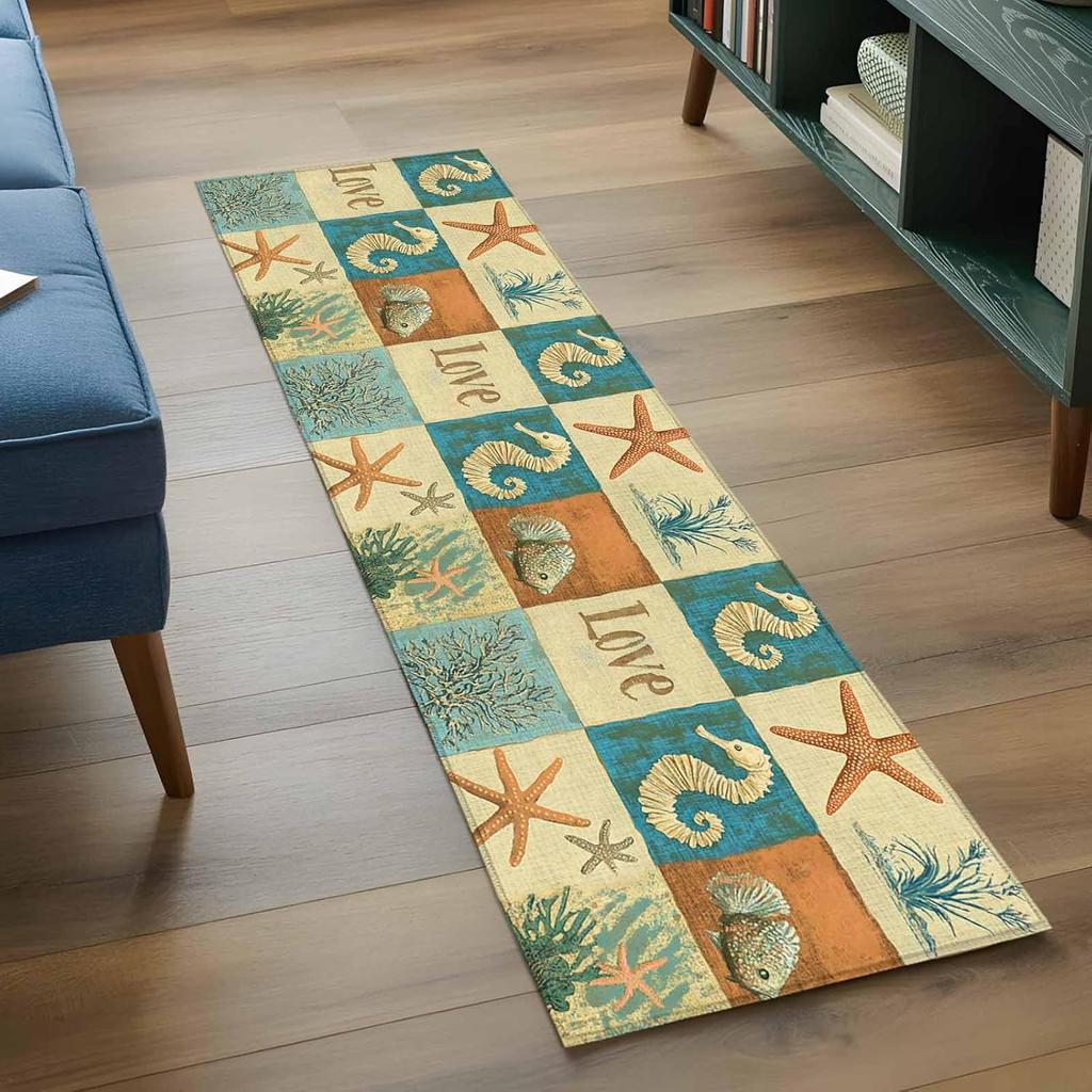 Ocean Creature Runner Rugs Cartoon Seahorse Starfish Conch Shell Hallway Mat Non-Slip Absorbent Carpet for Bedroom Living Room