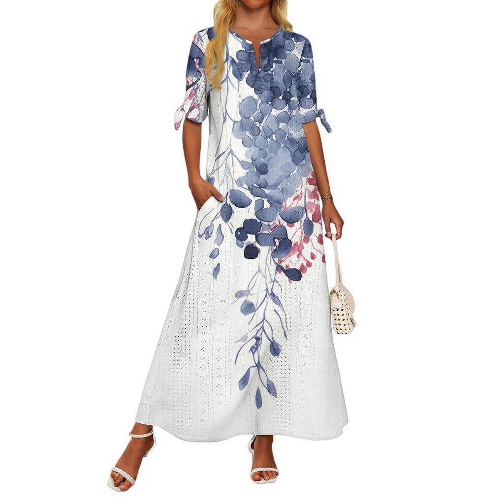 Ladies Casual Fashion Temperament Elegant Waist Patchwork Floral Print Long Dress