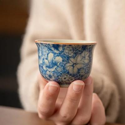 1 STÜCK Chinesische Blau-Weiße Keramik Teetasse Anti-Verbrühung Handgefertigt Blumen Porzellan Teeschale Reise Meditationsbecher Teeset