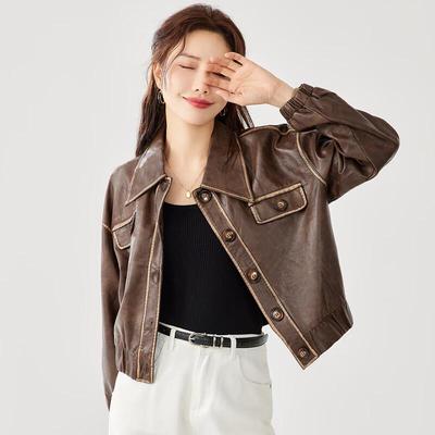 TERRE BLEUE Damen Kurze PU-Leder Motorradjacke