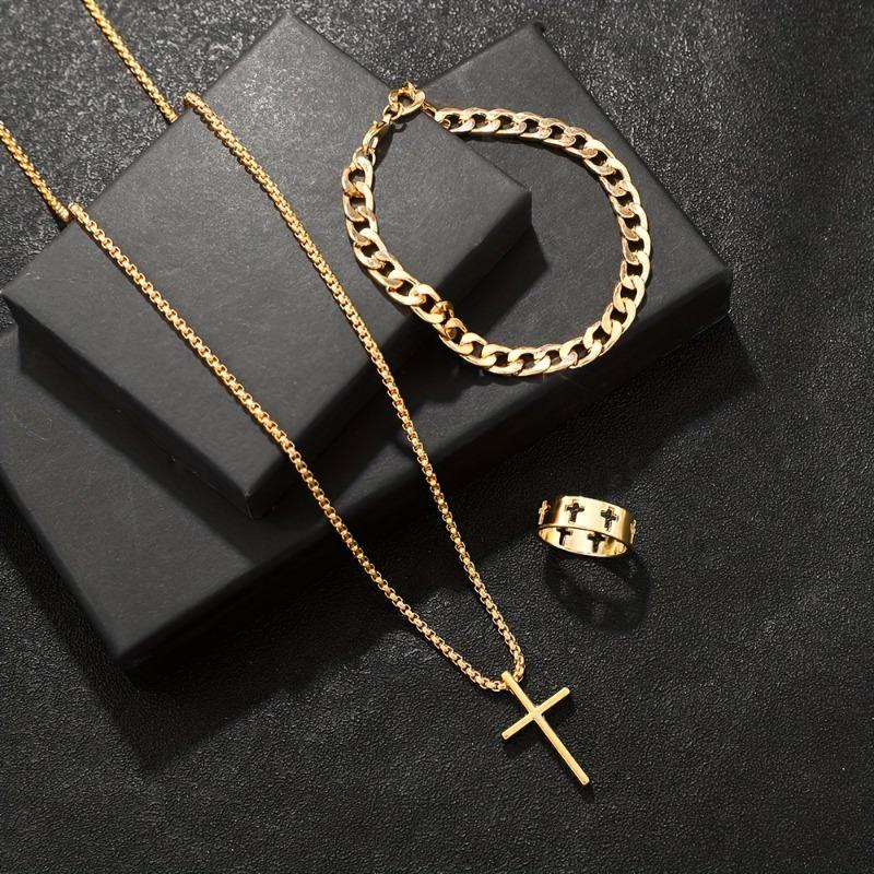 Stainless Steel S Jewelry Set For Men Cross Pendant Chain Necklace Bracelet Ring Set Personality Design Accessories Gifts
