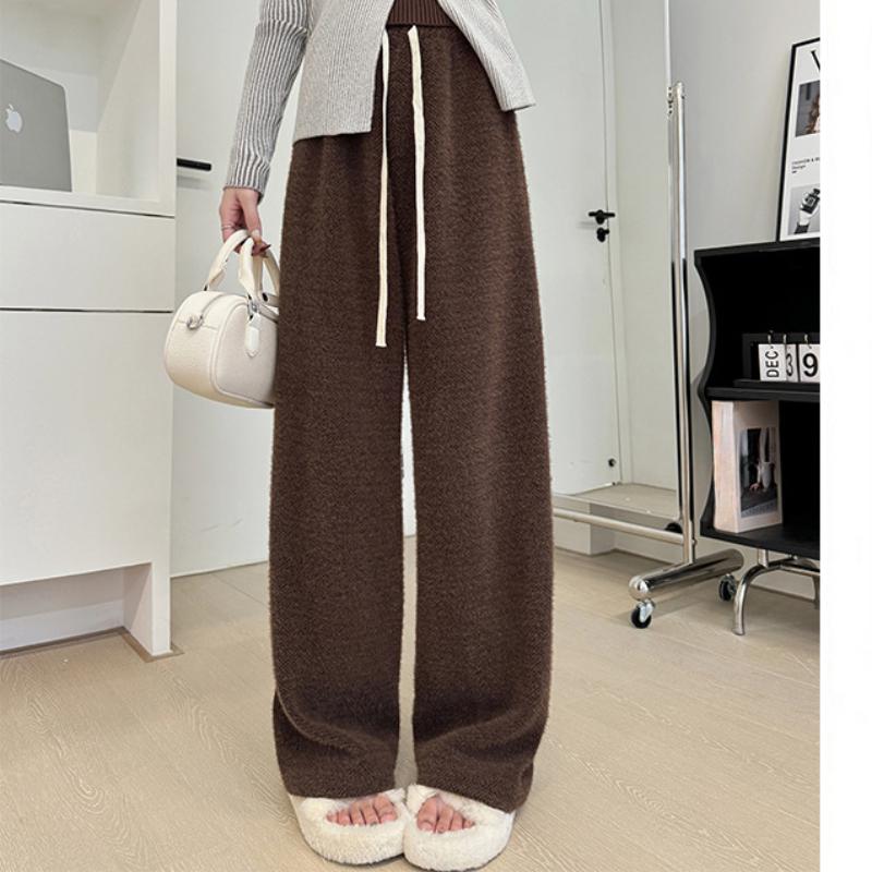 Mink Vel Wide-leg Pants for Women In Autumn and Winter New Knitted High-waisted Draped Glutinous Rice Pants Straight-legged Slim and Lazy Plush Pants