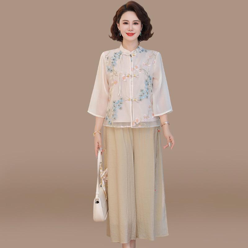 

Mom s New Chinese Style Chiffon Shirt - Seven-Sleeve Top for Spring & Autumn 5XL (Recommended 145-160 jin)