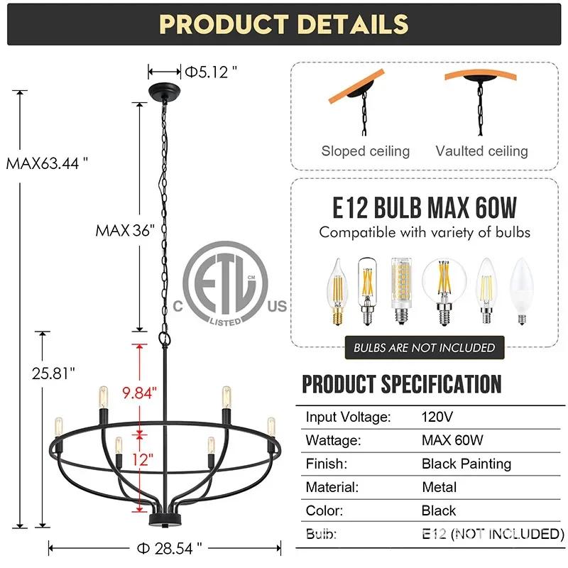 

Living Room Iron Retro LED Ceiling Chandelier Pendant lamp Modern Dining Room Industry Decor Light Ring ight Home DecorFixtures Warm White чорний