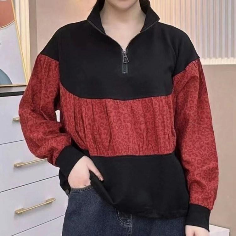 

Stylish Color Block Half-Zip Loose Plus Size T-Shirt for Middle-Aged and Elderly Women - Versatile Spring Outerwear XL (100-115 jin) помаранчевий/червоний