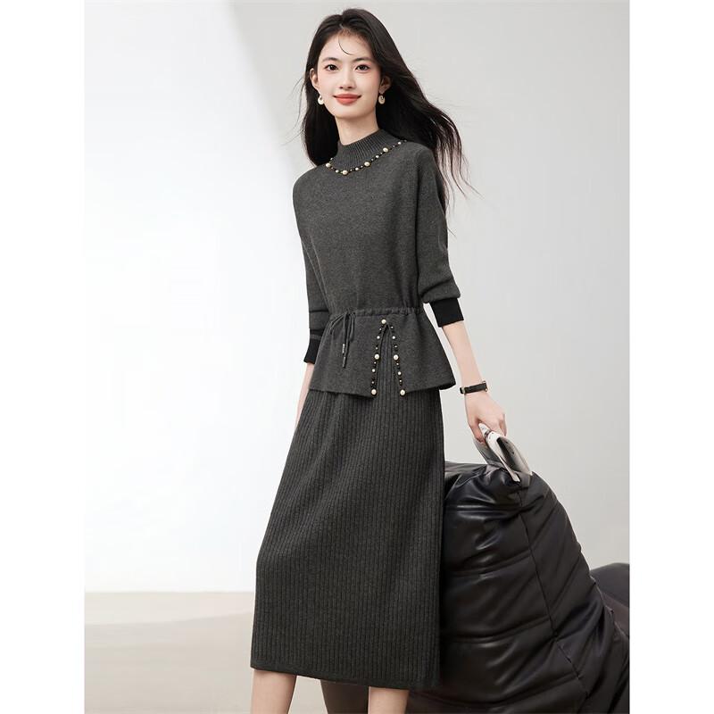 

Elegant Beaded Semi-High Collar Long Sleeve Knit Dress One Size