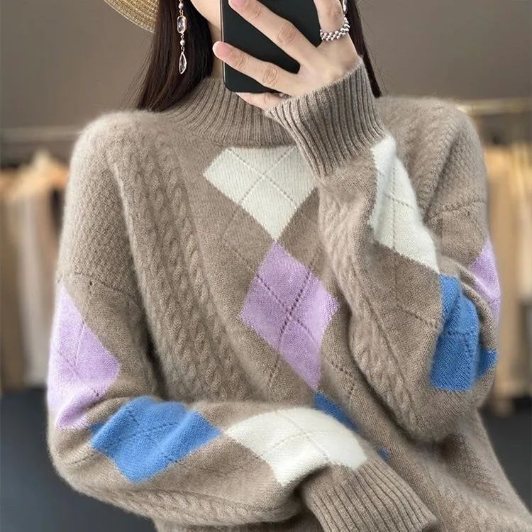 

Женский осенне-зимний модный свитер жаккардового дизайна, свободный женский полувысокий воротник, длинный рукав, трикотажный топ для женщин 3XL