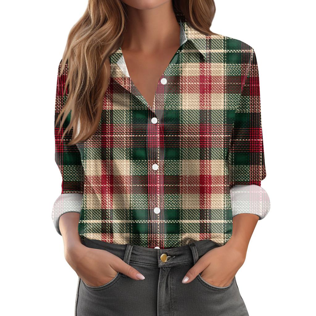 Dámská ležérní módní košile s kostkovaným potiskem, polorozepínacím límcem a dlouhým rukávem