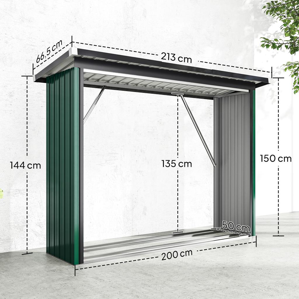 Firewood Shed, Firewood Shelter, Steel, Raised Floor, Sloped Roof, 213 X 66.5 X 150 Cm, Green