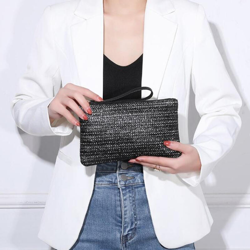 Fashion Ladies Weaving Bag Wristlet Clutch Women Daily Money Phone Clutch Solid Straw Woven Coin Purse Beach Wallet Card Leisure Travel