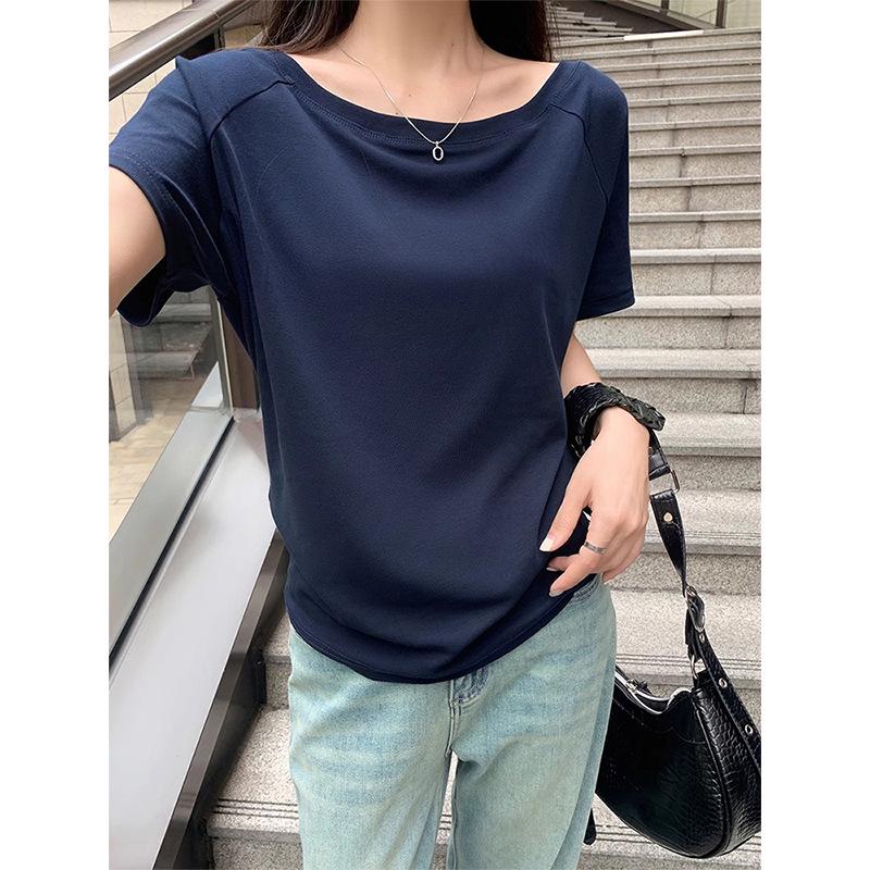 Gray Pure Cotton Off-Shoulder Long-Sleeve Women's T-Shirt - Loose Fit, Spring/Autumn Stylish and Sexy Top